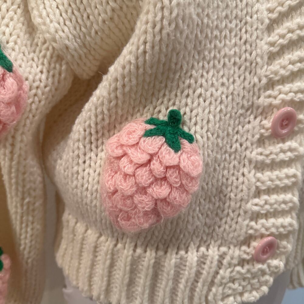3D Strawberry Applique Chunky Knit Cardigan Cottagecore Coquette Kawaii Sweater - Picture 5 of 10